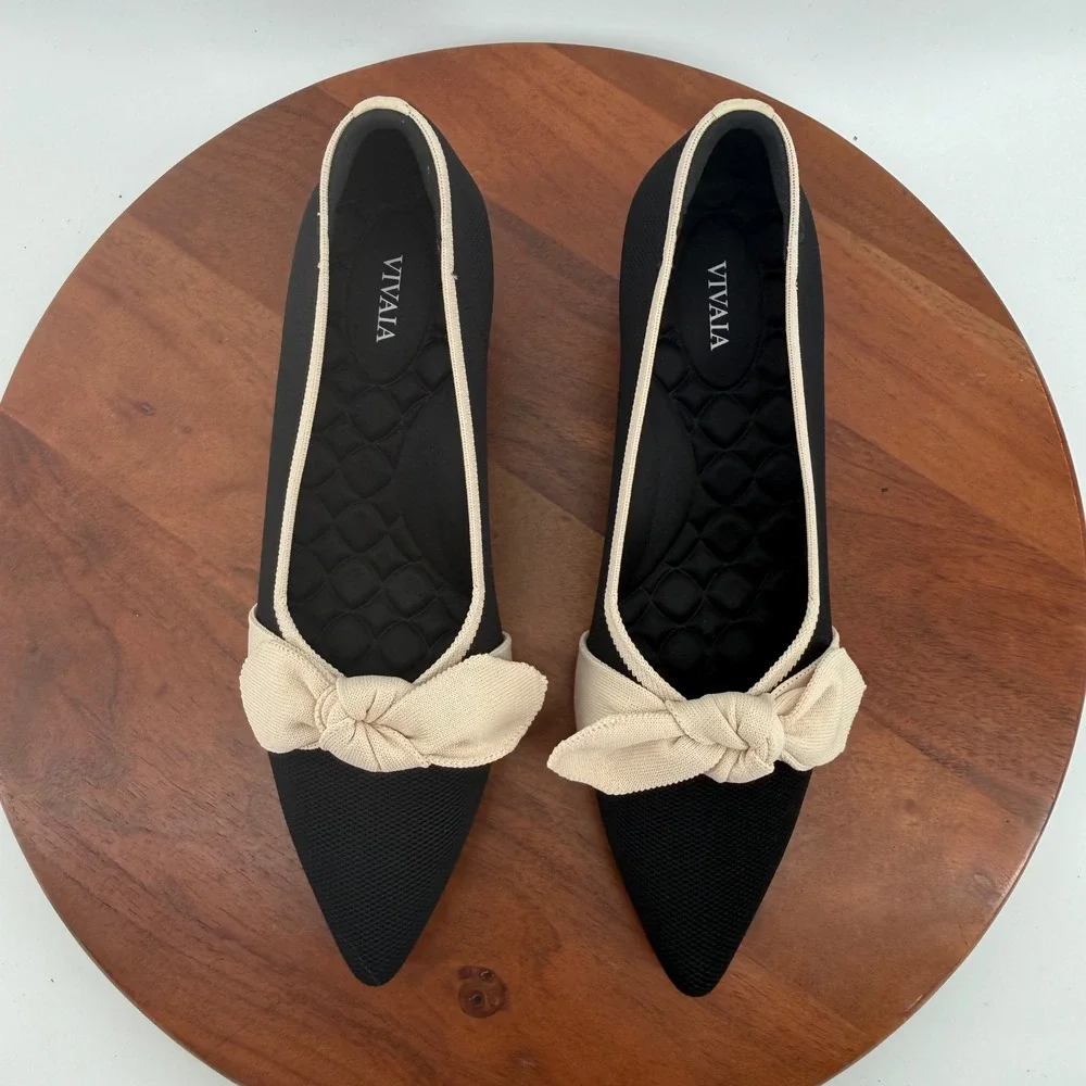 VIVAIA Kitten Heel Pumps Black Cream Bow Pointed Toe Knit Shoes Wmn EU42/US 10.5